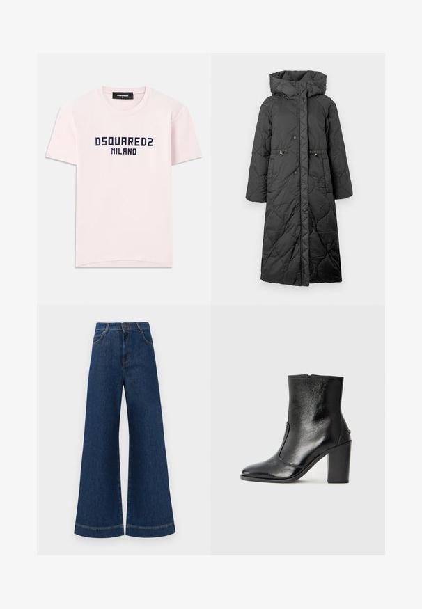 Fekete steppelt hosszú kabát kapucnival, patentos záródással, állítható derékkal és sima textúrával. Mintás felület, enyhe fényességgel.; Rózsaszín pamut póló, amelyen a "DSQUARED2 MILANO" felirat navy kék színben látható. Klasszikus crew neck kialakítás, rövid ujjakkal. Simaszerkezet.; Magas derekú, széles lábú kék farmernadrág, gombos záródással, övhurkokkal és diszkrét varrási részletekkel a zsebeknél és a szegélyeknél.; Fekete bőr bokacipő sima textúrával, hegyes orral és vastag, magas sarkával. Oldalnyílással és minimalista dizájnnal rendelkezik.