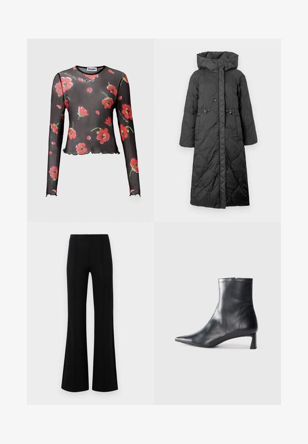 Casaco longo pretos, acolchoado e com capuz, apresentando fechos de pressão, cintura com cordão e uma textura suave. Superfície estampada com um brilho subtil.; Top preto transparente de manga longa com padrões florais vermelhos, bainha em forma de escalope e letras impressas. Feito de um tecido leve e translúcido.; Calças pretas de boca de sino com uma cintura alta, feitas de um tecido elástico. Apresentam detalhes de costura vertical na frente e uma textura suave.; Bota de tornozelo em pele preta com biqueira apontada e um design elegante. Apresenta um salto baixo e um fecho com zipper na parte de trás. Textura suave.