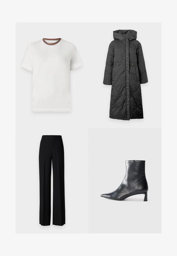 Casaco longo pretos, acolchoado e com capuz, apresentando fechos de pressão, cintura com cordão e uma textura suave. Superfície estampada com um brilho subtil.; T-shirt branco de manga curta com decote redondo, apresentando um acabamento listrado em várias cores. Feito de um tecido suave com um corte descontraído.; Calças largas pretas com uma textura suave, apresentando uma cintura alta e pregas centrais. Sem padrões visíveis ou detalhes em metal.; Bota de tornozelo em pele preta com biqueira apontada e um design elegante. Apresenta um salto baixo e um fecho com zipper na parte de trás. Textura suave.