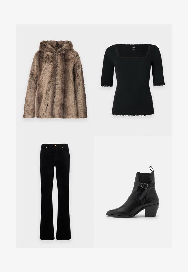 Kabát z umelého kožúška v hnedých odtieňoch, s kapucňou, jemnou textúrou a voľným strihom. Tkanina má na detailoch rôzne dĺžky vlasu.; Čierne rebrované krátke rukávy s hranatým výstrihom, zdobené čipkovanou lemovkou na golieri a rukávoch, so zvlneným lemom.; Čierne džínsové nohavice s rozšírenými nohavicami vyrobené z bavlnenej zmesi, s hladkou textúrou, zlatým kovovým vybavením, dvoma prednými vreckami a prešitými detailmi.; Čierne kožené členkové čižmy s špicatou špičkou, blokovým opätkom a detailmi v podobe bočných prackov. Vyznačujú sa hladkou textúrou a pútkom na zadnej strane.