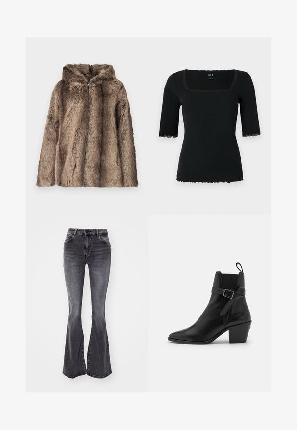 Abrigo de piel sintética en tonos marrones, con capucha, textura suave y ajuste relajado. La tela presenta diferentes longitudes de pelo para mayor detalle.; Top negro de manga corta con costillas, escote cuadrado, con ribete de encaje en el cuello y las mangas, y dobladillo con borde festoneado.; Vaqueros grises acampanados de mezclilla, con una cintura alta, dos bolsillos frontales y una abertura en el fondo de cada pierna. Detalle de dobladillo sin terminar.; Botín negro de cuero hasta el tobillo con punta afilada, tacón ancho y detalle de hebilla lateral. Presenta una textura suave y una tira en la parte trasera.