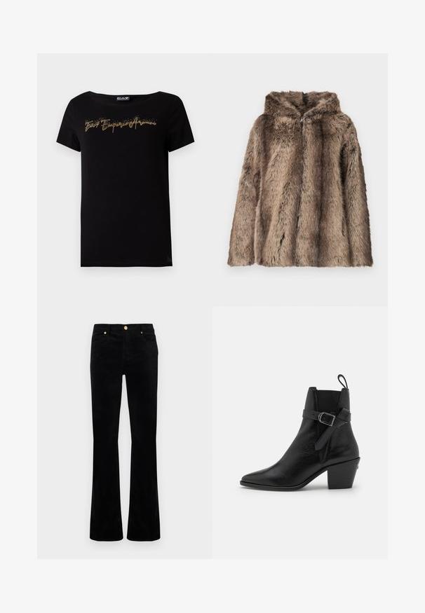Faux fur coat in brown tones, featuring a hood, soft texture, and a relaxed fit. The fabric has varying lengths of hair for detail.; Black cotton t-shirt with a rounded neckline. Front features gold glitter text in a cursive style. Short sleeves and a relaxed fit.; Black flared jeans made of cotton blend, featuring a smooth texture, gold-tone hardware, two front pockets, and stitched detailing.; Black leather ankle boot with pointed toe, block heel, and side buckle detail. Features smooth texture and a pull tab at the back.