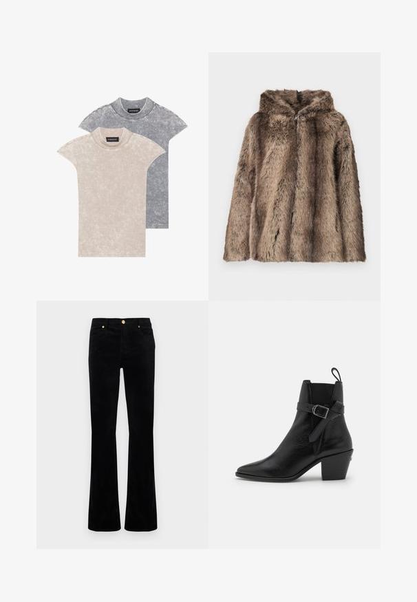 Faux fur coat in brown tones, featuring a hood, soft texture, and a relaxed fit. The fabric has varying lengths of hair for detail.; Two short-sleeve t-shirts in light beige and dark gray, made of soft, textured fabric with a round neck and subtle pattern detail.; Black flared jeans made of cotton blend, featuring a smooth texture, gold-tone hardware, two front pockets, and stitched detailing.; Black leather ankle boot with pointed toe, block heel, and side buckle detail. Features smooth texture and a pull tab at the back.