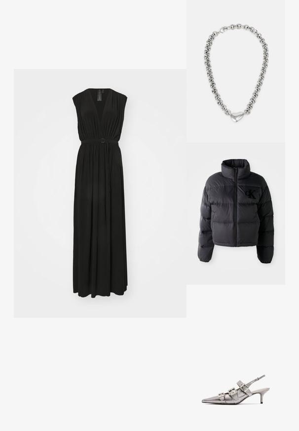 Czarna kurtka puchowa, krótka konstrukcja z wysokim kołnierzem, z poziomymi przeszyciami i zapięciem na zamek z przodu. Haftowane logo na piersi.; Czarna maxi sukienka z głębokim dekoltem w serek, krótkimi rękawami i ściągniętą talią, wyposażona w pasek z okrągłą metalową klamrą. Miękka, zwiewna tkanina.; Metaliczne srebrne buty na obcasie typu slingback z ostrym noskiem, z trzema szerokimi paskami i kwadratowymi, metalowymi klamrami. Błyszcząca tekstura i smukły obcas.; Srebrny naszyjnik łańcuszkowy z połączonymi okrągłymi ogniwami i wypolerowanym akcentem w kształcie serca na środku. Zawiera bezpieczne zapięcie.