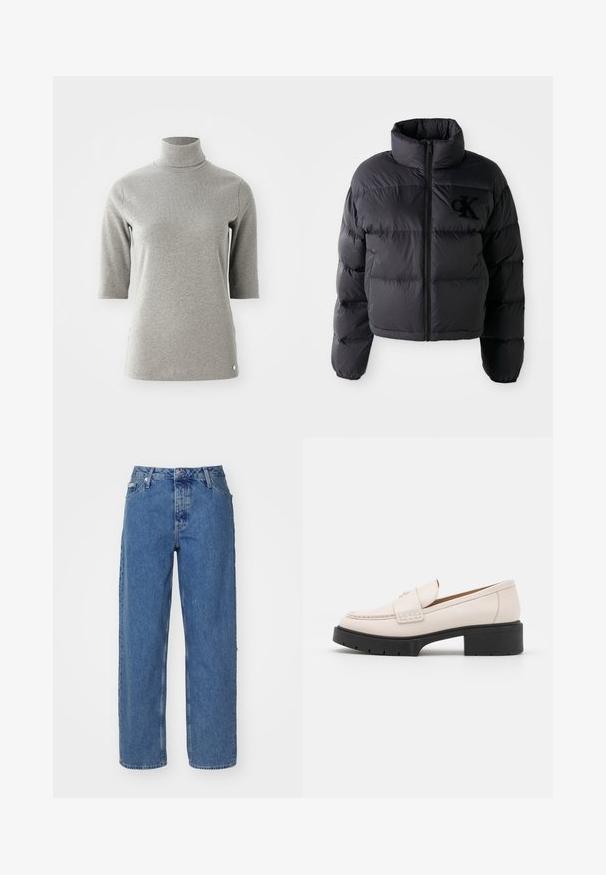 Jachetă puf închisă la culoare, design scurt cu guler înalt, având secțiuni quilted orizontale și fermoar frontal. Logo brodat pe piept.; Cămașă turtleneck gri deschis, cu mâneci trei sferturi, textură striată, croială dreaptă și hem rotund. Prezintă un mic logo alb pe lateral.; Jeans din denim de un albastru deschis, cu talie înaltă, design cu picior drept, stil cu cinci buzunare și textură ușor decolorată. Încălcare cu rivete și nasture.; Loaferi din piele bej deschis, cu vârf cusut și cu o talpă platformă texturată de culoare neagră. Caracterizată printr-un design curbat și o ușoară ridicare.