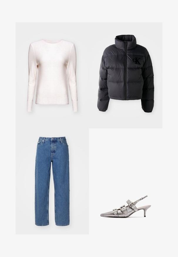 Musthave must vest, lühikese disainiga ja kõrge kraega, millel on horisontaalselt tikitud osad ja esi tõmblukk. Rinnal on broderitud logo.; Heled roosa pika varrukaga sviiter, mis on valmistatud tekstureeritud kangast. Ümar kaelus ribaga detailiga, pehme viimistlus ja istuvad varrukad.; Heledad sinine teksad, kõrge vöökohaga, sirge jala disainiga, viie taskuga stiil ja veidi pleekinud tekstuur. Nööp ja rihm sulgemiseks.; Metallise hõbedane slingback konts, millel on terav nina, kolmes laiast rihmast ja ruudukujulistest metallist pandlatest. Läikiv pind ja õhuke konts.