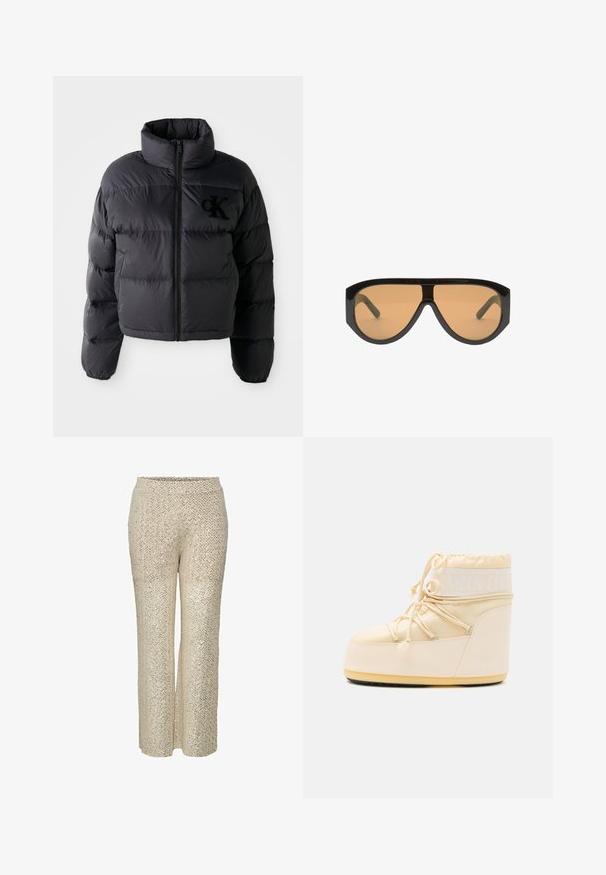 Jachetă puf închisă la culoare, design scurt cu guler înalt, având secțiuni quilted orizontale și fermoar frontal. Logo brodat pe piept.; Top din bumbac negru, ajustat, cu bretele subțiri, asortat cu blugi închisi. Materialul pare neted cu o ușoară elasticitate. Design minim și fără modele vizibile.; Pantaloni din sequins bej cu un model în zigzag, talie înaltă și croi larg, având o textură netedă și o suprafață strălucitoare.; Cizme Luna bej deschis, cu vârful rotund, închidere prin șnur și talpă din cauciuc texturat. Prezentă branding alb și materiale sintetice netede.; Ochelari de soare negri supradimensionați, cu lentile maro, având rame largi și unghiulare și brațe drepte. Finisaj neted, lucios, cu minim de accesorii.