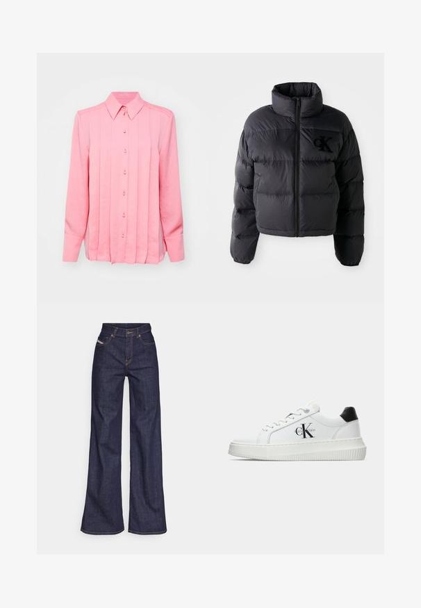 Černá péřová bunda, zkrácený design s vysokým límcem, s vodorovně prošívanými sekcemi a předním zipem. Vyšívané logo na prsou.; Růžová košile s dlouhým rukávem a límečkem na knoflíky, která má vertikální sklady a šest knoflíků vpředu, vyrobená z hladkého, lehkého materiálu.; Tmavě modré džíny s širokým střihem vyrobené z denimové tkaniny, s vysokým pasem, oranžovým prošíváním, pěti kapsami a zapínáním na knoflík.; Bílé nízké tenisky s černým patním tabem, platformovou podrážkou, tkaničkami a logem Calvin Klein "CK" na boku.