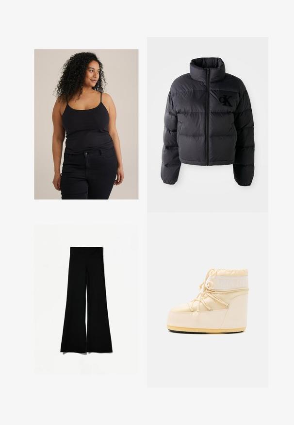 Black puffer jacket, cropped design with high collar, featuring horizontal quilted sections and a front zipper. Embroidered logo on chest.; Black fitted tank top with thin straps, paired with dark jeans. The fabric appears smooth with a slight stretch. Minimal design and no visible patterns.; Black flared pants with a wide leg design, featuring a smooth texture and a high waistband. Made from stretchable fabric for comfort.; Light beige Moon Boot with a rounded toe, drawstring closure, and textured rubber sole. Features white branding and smooth synthetic materials.