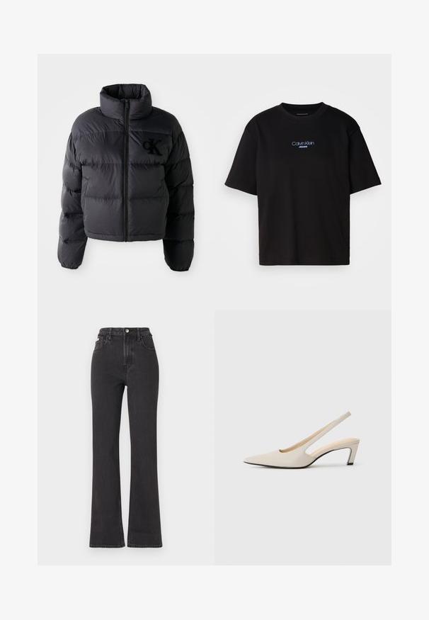 Melna puffa jaka, īsā dizaina ar augstu apkakli, ar horizontālām quiltētām sekcijām un priekšējo rāvējslēdzēju. Izšūta logo uz krūtīm.; Melna kokvilnas T-kreklu ar apaļu kaklu, īsām piedurknēm un zilu izšūtu "Calvin Klein JEANS" logo priekšpusē.; Melnas augstā jostasvietā plati izgrieztas džinsus no denima, ar pogu aizdari, jostas cilpām un sānu kabatām. Gluda tekstūra ar minimālu izbalēšanu.; Bēša ādas zābaks ar norādītu purngalu un atvērtu aizmuguri, ar izgriezumu dizainu, 5 cm blokveida papēdi un gludu tekstūru. Melna zole akcentiem.