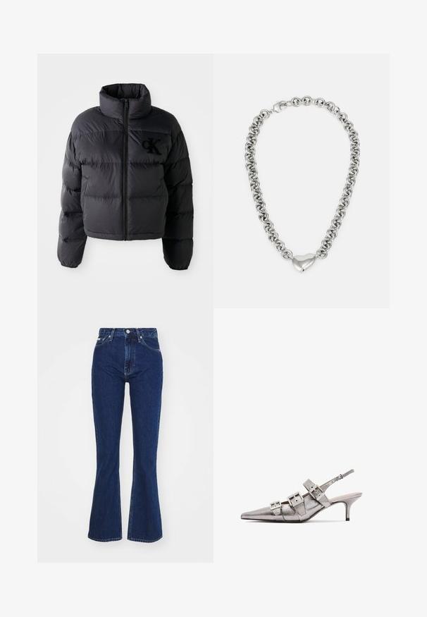 Černá péřová bunda, zkrácený design s vysokým límcem, s vodorovně prošívanými sekcemi a předním zipem. Vyšívané logo na prsou.; Světle růžové bavlněné tričko s kulatým výstřihem, s vyšitým stříbrným logem "Calvin Klein" a jemným designem "CK" na hrudi.; Tmavě modré rozšířené džíny vyrobené z denimu, s vysokým pasem, zipem a knoflíkem, a pěti kapsami s mírným efektem opotřebení.; Metalické stříbrné slingback podpatky s špičatou špičkou, které mají tři široké pásky a čtvercové kovové přezky. Lesklá textura a štíhlý podpatek.; Stříbrný řetízek s náhrdelníkem, který se skládá z propojených kulatých oček a leštěného srdcového akcentu uprostřed. Zahrnuje bezpečné zapínání.