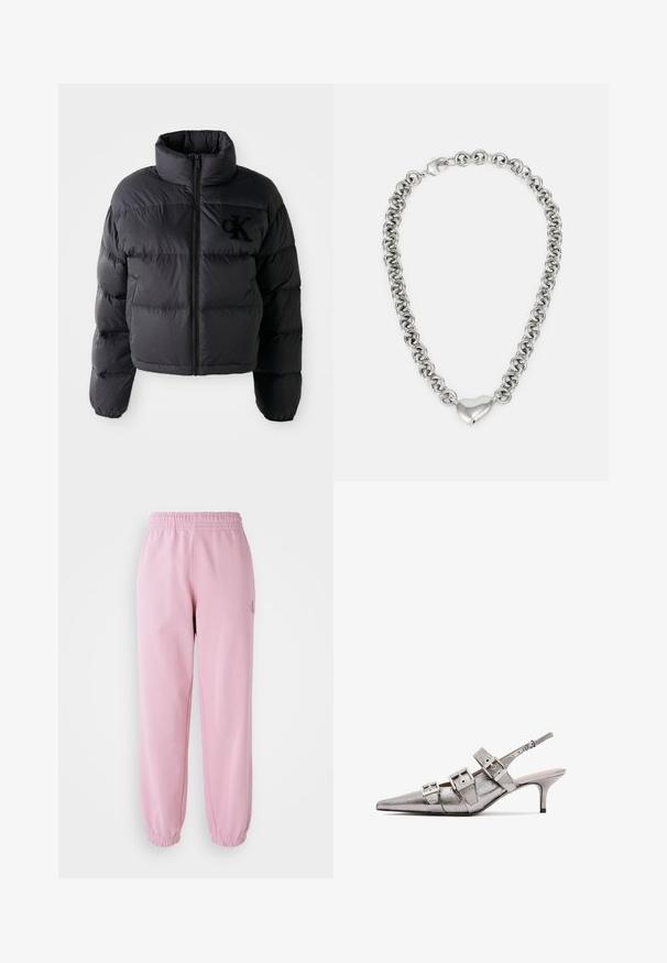 Black puffer jacket, cropped design with high collar, featuring horizontal quilted sections and a front zipper. Embroidered logo on chest.; Light pink cotton t-shirt with a crew neck, featuring a silver embroidered "Calvin Klein" logo and subtle "CK" design on the chest.; Pink sweatpants with an elastic waistband and gathered cuffs. Made of soft fabric, features a small logo detail on the front.; Metallic silver slingback heel with pointed toe, featuring three wide straps and square metallic buckles. Glossy texture and slim heel.; Silver chain necklace featuring interconnected round links and a polished heart-shaped accent in the center. Secure clasp included.