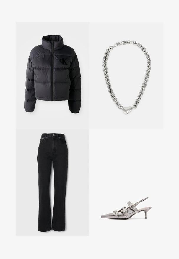 Jachetă puf închisă la culoare, design scurt cu guler înalt, având secțiuni quilted orizontale și fermoar frontal. Logo brodat pe piept.; Tricou din bumbac roz deschis, cu guler rotund, având un logo brodat argintiu "Calvin Klein" și un design subtil "CK" pe piept.; Blugi evazați negri din denim cu talie înaltă, design cu cinci buzunare și închidere prin buton frontal. Textură netedă și siluetă clasică.; Pantofii slingback metalici de culoare argintie, cu vârf ascuțit, prezintă trei curele late și catarame metalice pătrate. Textura lucioasă și toc subțire.; Colier din argint cu lanț format din inele rotunde interconectate și un accent în formă de inimă lustruit în centru. Include închizătoare sigură.
