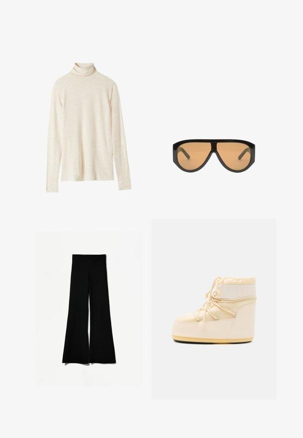 Czarna kurtka puchowa, krótka konstrukcja z wysokim kołnierzem, z poziomymi przeszyciami i zapięciem na zamek z przodu. Haftowane logo na piersi.; Beżowy golf z długim rękawem wykonany z miękkiego materiału, cechujący się luźnym krojem, subtelna tekstura i brak widocznych wzorów lub akcentów.; Czarne spódnie w kształcie dzwonów z szeroką nogawką, charakteryzujące się gładką teksturą i wysokim stanem. Wykonane z elastycznego materiału dla zapewnienia komfortu.; Jasnobeżowe buty Moon Boot z zaokrąglonym czubkiem, zaciąganym sznurkiem i teksturowaną gumową podeszwą. Oferują białe logo i gładkie materiały syntetyczne.; Czarne oversize okulary przeciwsłoneczne z brązowymi soczewkami, z szerokimi, kątowymi oprawkami i prostymi ramionami. Gładkie, błyszczące wykończenie, minimalna liczba elementów.
