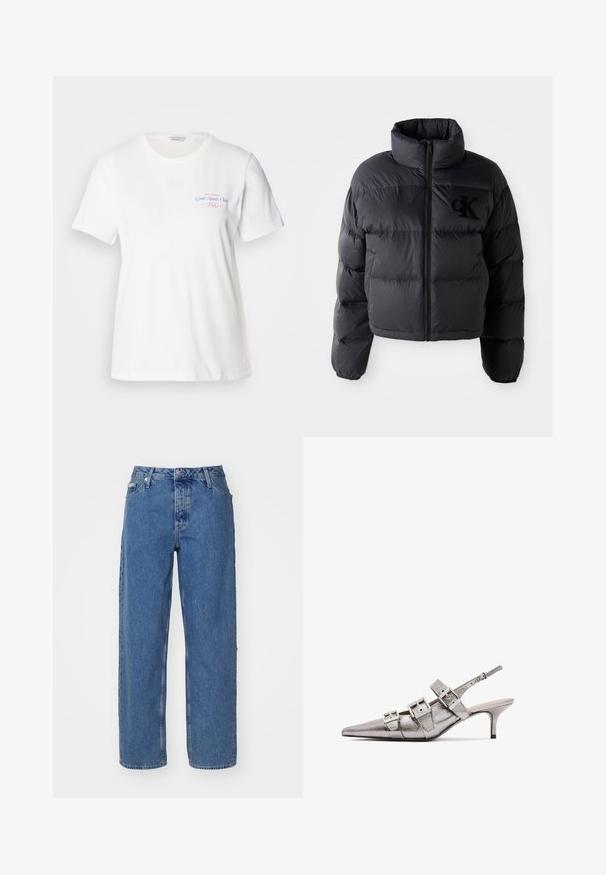 Black puffer jacket, cropped design with high collar, featuring horizontal quilted sections and a front zipper. Embroidered logo on chest.; White cotton t-shirt with short sleeves, round neckline, and pink/blue graphic print reading "Gant Sports Club 1949" on the chest.; Light blue denim jeans with a high waist, straight leg design, five-pocket styling, and slightly faded texture. Rivet and button closure.; Metallic silver slingback heel with pointed toe, featuring three wide straps and square metallic buckles. Glossy texture and slim heel.