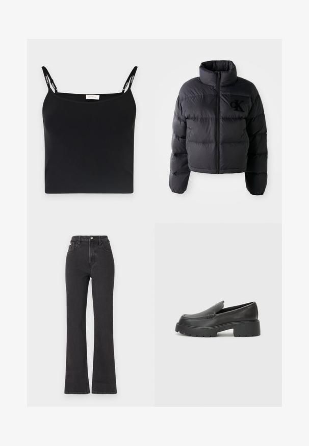 Čierna páperová bunda, skrátený strih s vysokým golierom, s horizontálne prešívanými sekciami a predným zipsom. Vyšitý logo na hrudi.; Čierna rebrovaná tielko s tenkými ramienkami a logom Calvin Klein. Jednoduchý, priliehavý strih s hladkou textúrou a bez ďalších vzorov.; Čierne džíny s vysokým pásom a rozšírenými nohavicami vyrobené z denimu, s gombíkovým zapínaním, pútkami na opasok a bočnými vreckami. Hladká textúra s minimálnym ošúchaním.; Čierne kožené mokasíny s okrúhlou špičkou, hrubou textúrovanou podrážkou a minimom stehovej výzdoby. Štíhly dizajn bez viditeľných šnúr alebo kovania.