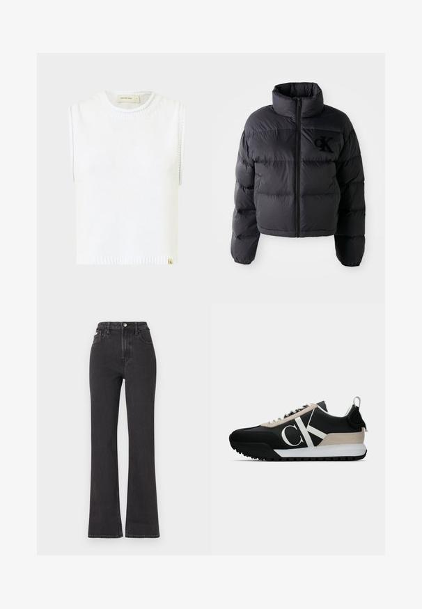 Čierna páperová bunda, skrátený strih s vysokým golierom, s horizontálne prešívanými sekciami a predným zipsom. Vyšitý logo na hrudi.; Biely bezrúchový pletený top s okrúhlym výstrihom, rebrovaným lemom a bočnými švami; má malú označkovanú etiketu na spodnej časti.; Čierne džíny s vysokým pásom a rozšírenými nohavicami vyrobené z denimu, s gombíkovým zapínaním, pútkami na opasok a bočnými vreckami. Hladká textúra s minimálnym ošúchaním.; Čierne tenisky s béžovým semišovým akcentom, bielym logom, gumovou podrážkou a šnúrkami. Obsahujú odolný zvršok a pútko na päte.