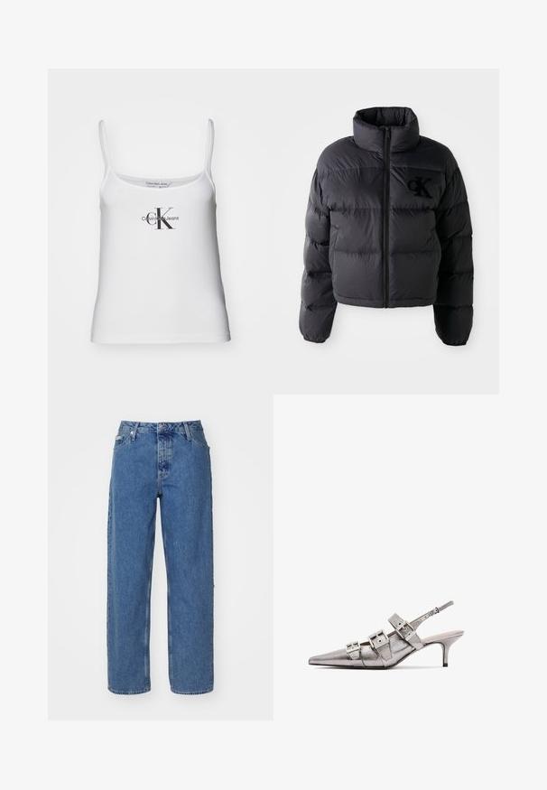 Giubbotto imbottito nero, design cropped con colletto alto, caratterizzato da sezioni a canale orizzontali e cerniera frontale. Logo ricamato sul petto.; Canotta bianca in cotone con spalline sottili e scollatura rotonda. Presenta un logo stampato nero "Calvin Klein Jeans" sul davanti.; Jeans in denim azzurro con vita alta, design a gamba dritta, stile a cinque tasche e texture leggermente sbiadita. Chiusura con rivetto e bottone.; Slingback metallizzato argento con punta affilata, caratterizzato da tre ampie cinghie e fibbie quadrate metalliche. Texture lucida e tacco sottile.