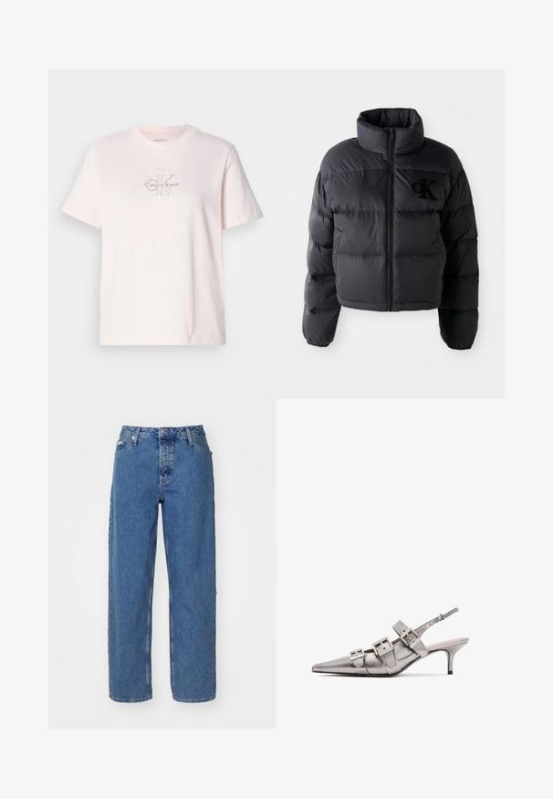 Musthave must vest, lühikese disainiga ja kõrge kraega, millel on horisontaalselt tikitud osad ja esi tõmblukk. Rinnal on broderitud logo.; Heledat roosa puuvillane t-särk ümmarguse kaelusega, millel on hõbedane tikandiga "Calvin Klein" logo ja diskreetne "CK" kujundus rinnal.; Heledad sinine teksad, kõrge vöökohaga, sirge jala disainiga, viie taskuga stiil ja veidi pleekinud tekstuur. Nööp ja rihm sulgemiseks.; Metallise hõbedane slingback konts, millel on terav nina, kolmes laiast rihmast ja ruudukujulistest metallist pandlatest. Läikiv pind ja õhuke konts.