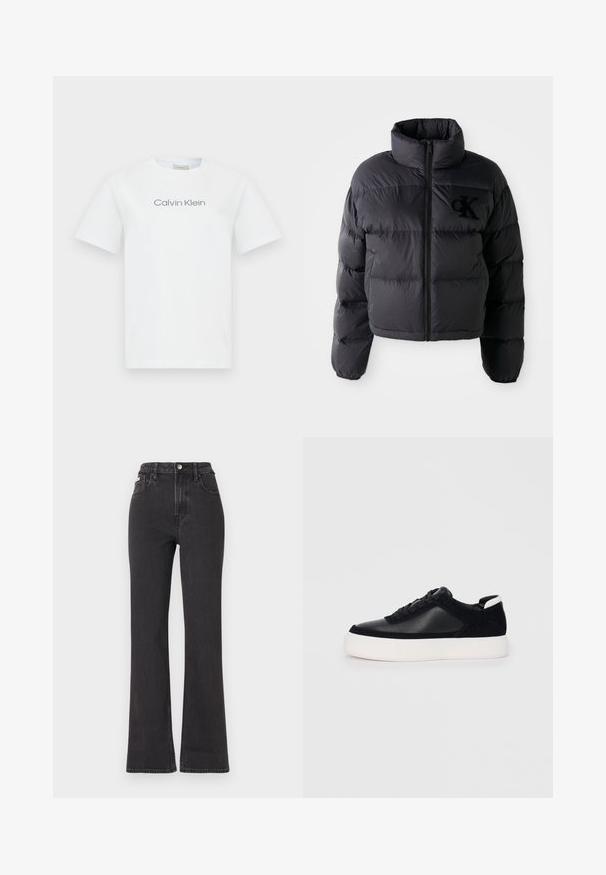Sort pufferjakke, cropped design med høj krave, der har vandret quiltede sektioner og en frontlynlås. Broderet logo på brystet.; Hvid bomulds t-shirt med rund hals og korte ærmer. Den viser teksten "Calvin Klein" i grå på tværs af brystet.; Sorte højtaljede flagrende jeans lavet af denim, med knaplukning, bæltestropper og sidelommer. Glat tekstur med minimal falming.; Sort sneakers med glat læder og ruskindspaneler, flade snørebånd, rund tå og en hvid gummisål. Distinkt logo på hælen.