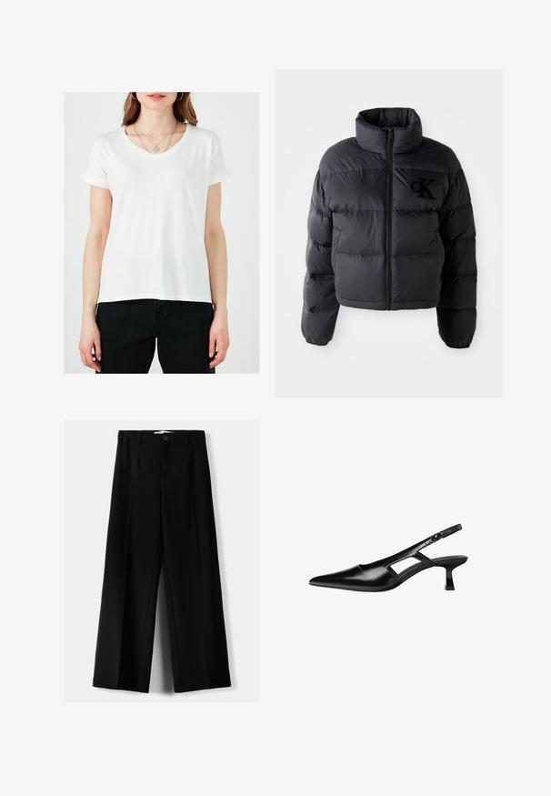 Črna puhovka, skrajšana zasnova z visokim ovratnikom, s horizontalno prešitim delom ter sprednjim zadrgo. Vezeni logotip na prsih.; Bela majica s V izrezom in zavihanimi kratkimi rokavi, izdelana iz mehkega blaga. Ima ravno kroj in se nosi z črnimi hlačami.; Črne široke hlače iz lahkega materiala, z zapiranjem na gumb spredaj in ravnim sprednjim delom, s skrbno zašiti robovi.; Črne patentični usnjeni salonarji s slingback designom, z zašiljenim nosom, izrezanim stranskim dizajnom in majhnim kvadratnim peto. Gladka tekstura z minimalnimi detajli.