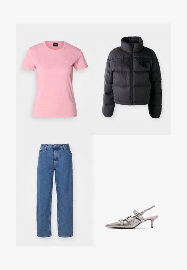 Melna puffa jaka, īsā dizaina ar augstu apkakli, ar horizontālām quiltētām sekcijām un priekšējo rāvējslēdzēju. Izšūta logo uz krūtīm.; Rozā T-krekls, kas izgatavots no mīksta auduma, ar apaļu izgriezumu un īsām piedurknēm. Uz krūtīm ir diskrēts balts "BOSS" logotips.; Gaiši zili džinsi ar augstu jostasvietu, taisnas kājas dizainu, piecu kabatu stilu un nedaudz izbalējušu tekstūru. Ar kniedēm un pogu aizdari.; Metāliski sudraba siksnāju papēži ar smailu purngalu, kas satur trīs platas siksniņas un kvadrātveida metāla sprādzes. Spīdīga tekstūra un tievs papēdis.