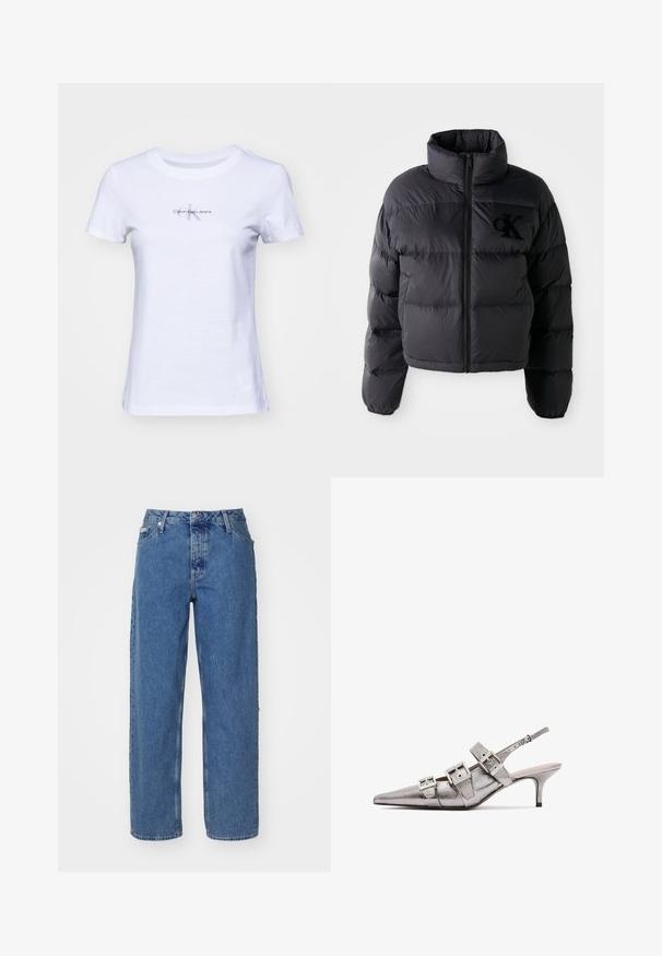 Giubbotto imbottito nero, design cropped con colletto alto, caratterizzato da sezioni a canale orizzontali e cerniera frontale. Logo ricamato sul petto.; T-shirt bianco in cotone con maniche corte, caratterizzato da un piccolo logo grigio "Calvin Klein Jeans" al centro davanti. Collo rotondo classico.; Jeans in denim azzurro con vita alta, design a gamba dritta, stile a cinque tasche e texture leggermente sbiadita. Chiusura con rivetto e bottone.; Slingback metallizzato argento con punta affilata, caratterizzato da tre ampie cinghie e fibbie quadrate metalliche. Texture lucida e tacco sottile.