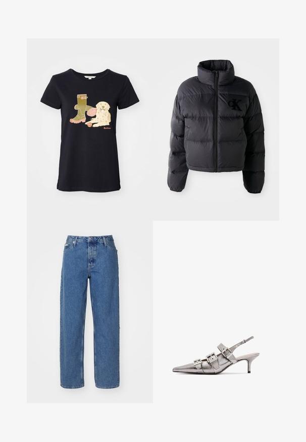 Black puffer jacket, cropped design with high collar, featuring horizontal quilted sections and a front zipper. Embroidered logo on chest.; Black cotton T-shirt featuring a graphic design of a green boot, a dog, and a ball. The "Barbour" logo is printed in orange.; Light blue denim jeans with a high waist, straight leg design, five-pocket styling, and slightly faded texture. Rivet and button closure.; Metallic silver slingback heel with pointed toe, featuring three wide straps and square metallic buckles. Glossy texture and slim heel.