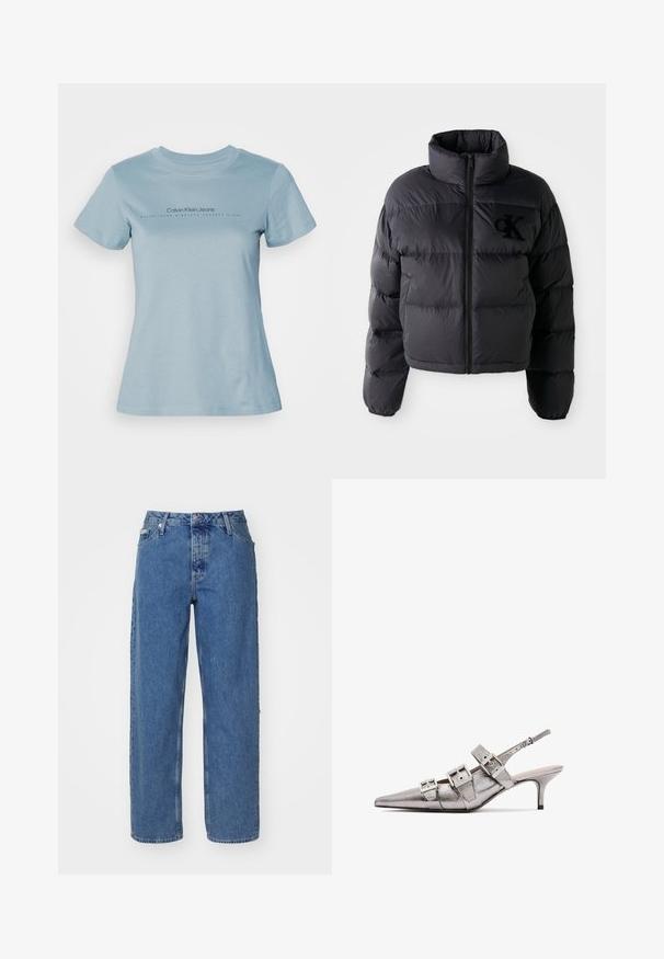 Fekete pufferdzseki, rövidített fazon magas gallérral, vízszintes steppelt részekkel és elöl cipzárral. Hímzett logó a mellkason.; Világoskék pamut póló, kerek nyakkal, rövid ujjal, fekete szöveggel: "Calvin Klein Jeans", alatta a "ESTABLISHED NINETEEN SEVENTY EIGHT" felirattal.; Világoskék farmernadrág magas derékkal, egyenes szárú fazonnal, öt zsebbel és enyhén kopott textúrával. Rögzítő szegecs és gombzár.; Fémes ezüst szandál magassarkú, hegyes orral, három széles pánttal és négyzet alakú fém csatokkal. Fényes textúra és vékony sarkú.