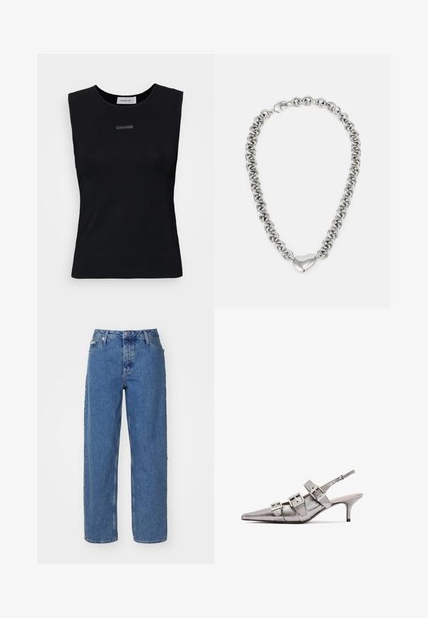 Jachetă puf închisă la culoare, design scurt cu guler înalt, având secțiuni quilted orizontale și fermoar frontal. Logo brodat pe piept.; Top negru fără mâneci, realizat dintr-un material neted. Prezintă un decolteu roto și un mic logo Calvin Klein în centru. Design simplu și ajustat.; Jeans din denim de un albastru deschis, cu talie înaltă, design cu picior drept, stil cu cinci buzunare și textură ușor decolorată. Încălcare cu rivete și nasture.; Pantofii slingback metalici de culoare argintie, cu vârf ascuțit, prezintă trei curele late și catarame metalice pătrate. Textura lucioasă și toc subțire.; Colier din argint cu lanț format din inele rotunde interconectate și un accent în formă de inimă lustruit în centru. Include închizătoare sigură.