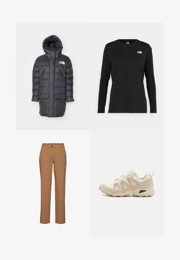 Sort puffjakke med hætte, med quiltet design, to forlommer og et hvidt mærkelogo på øverste venstre side.; Sort langærmet t-shirt lavet af bomuld med rund hals. Har et lille hvidt logo på venstre brystområde. Enkel design og pasform.; Mammut Outdoorbukser - claystone; Beige og creme atletiksko med struktureret mesh-overdel, støttende overlays og gummiyderside med et mønster for trækkraft.