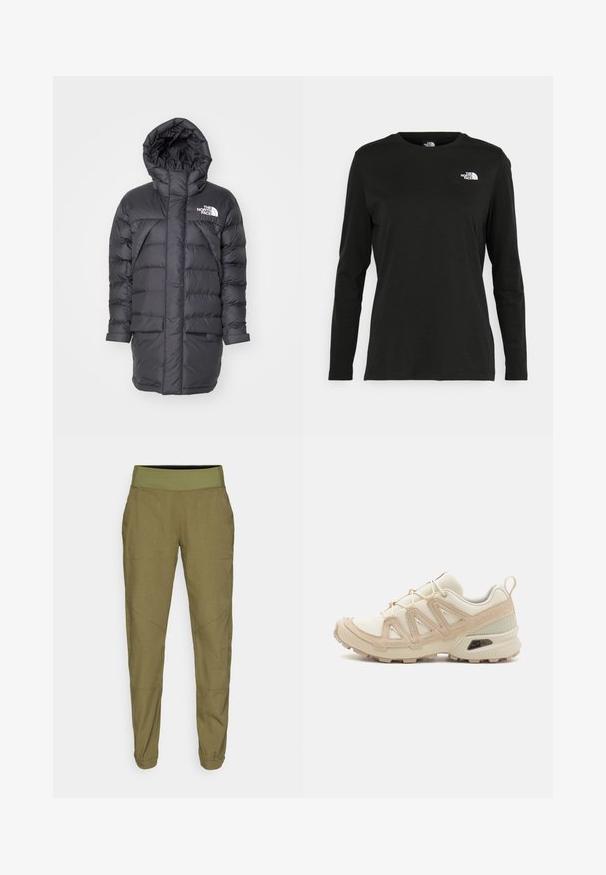 Casaco puffer preto com capuz, apresentando um design acolchoado, dois bolsos frontalmente e um logótipo branco da marca no lado esquerdo superior.; T-shirt preto de mangas longas, feito de algodão, com decote redondo. Apresenta um pequeno logótipo branco na área esquerda do peito. Design simples e ajuste confortável.; Calças em verde oliva com corte ajustado, cintura elástica, tecido leve e dois bolsos laterais. Apresenta costuras discretas e bainhas com punho.; Sapatilha atlética beige e creme com parte superior em malha texturizada, sobreposições de suporte e sola de borracha com um padrão de cravo para tração.