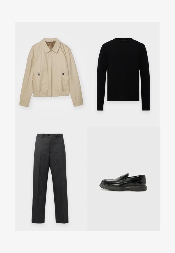 Beige leichte Jacke mit spitzem Kragen, Frontreißverschluss, zwei großen Taschen und elastischem Bund. Glatte Textur mit minimalistischem Design.; Filippa K SWEATER - Strickpullover - black; Dunkelgraue formelle Hosen mit vorderen Falten, Gürtelschlaufen und einem Knopfverschluss an der Taille, vor einem schlichten weißen Hintergrund präsentiert.; Schwarze Lederloafer mit glanzendem Finish, abgerundetem Zehenbereich, subtilen Steppnähten und einer dicken Gummisohle für Langlebigkeit.