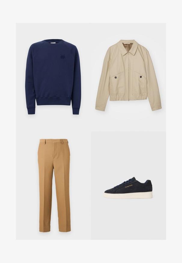 Beige színű, könnyű dzseki hegyes gallérral, elülső cipzárral, két nagy zsebbel és derékpánttal. Simább textúra minimalista dizájnnal.; Tengerészkék, hosszú ujjú, kerek nyakú pulóver, bal mellrészén egy kis hímzett logóval.; Vékony, szőtt anyagból készült bézs szövetnadrág, amely egyenes szabású, sima elülső résszel és övpántokkal rendelkezik. Sima textúrával rendelkezik, látható minták nélkül.; Sötétkék velúr, alacsony szárú teniszcipő fehér talppal, sötétkék fűzőkkel és arany színű "Filling Pieces" logóval az oldalán.