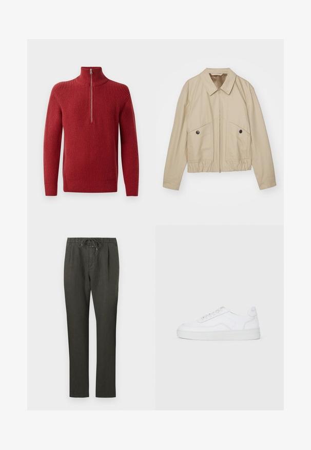 Vaalean beige kevyt takki, jossa on terävä kaulus, edessä vetoketju, kaksi suurta taskua ja joustava vyötärö. Sujuva pinta minimalistisella muotoilulla.; Punainen ribbikuvioinen neulepusero, jossa on korkea kaulus ja puolivälin vetoketju. Kankaan rakenne on teksturoitu ja lämmin, sopiva viileämpään säähän.; Tummanharmaat pellavahousut, joissa on narukiristysvyö. Suorat lahkeet, kevyet kankaat, vähäiset yksityiskohdat ja sileä pinta.; Valkoiset matalat tennarit, joissa on nauhalevys, sileä päällinen ja kumipohja vaalealla taustalla.