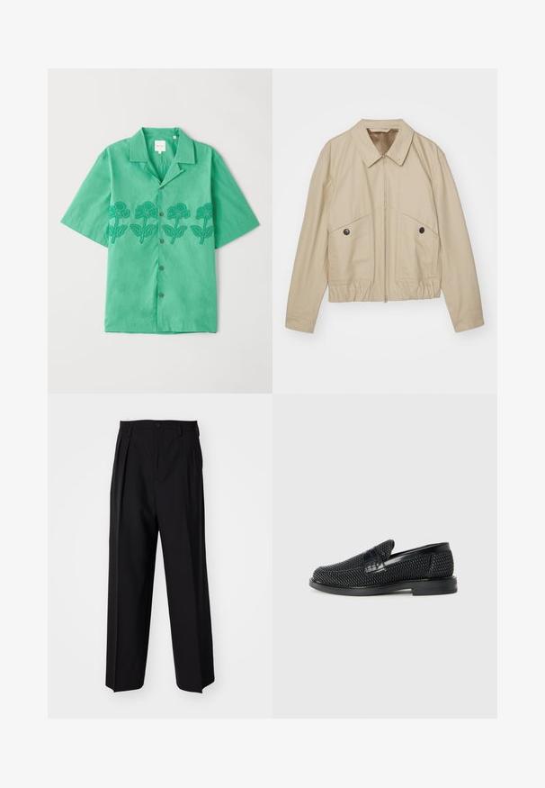 Giacca leggera beige con colletto a punta, zip frontale, due grandi tasche e vita elastica. Texture liscia con un design minimalista.; Camicia verde a maniche corte realizzata in tessuto morbido, con ricami floreali in verde scuro sulla parte anteriore, chiusura con bottoni e colletto classico.; Pantaloni neri a pieghe con un design dritto e gamba larga. Realizzati in tessuto morbido, con chiusura a bottone e passanti per cintura.; Scarpa nera a mocassino intrecciata con un accentuato in pelle liscia sulla parte superiore, design a punta rotonda e suola in gomma a profilo basso.