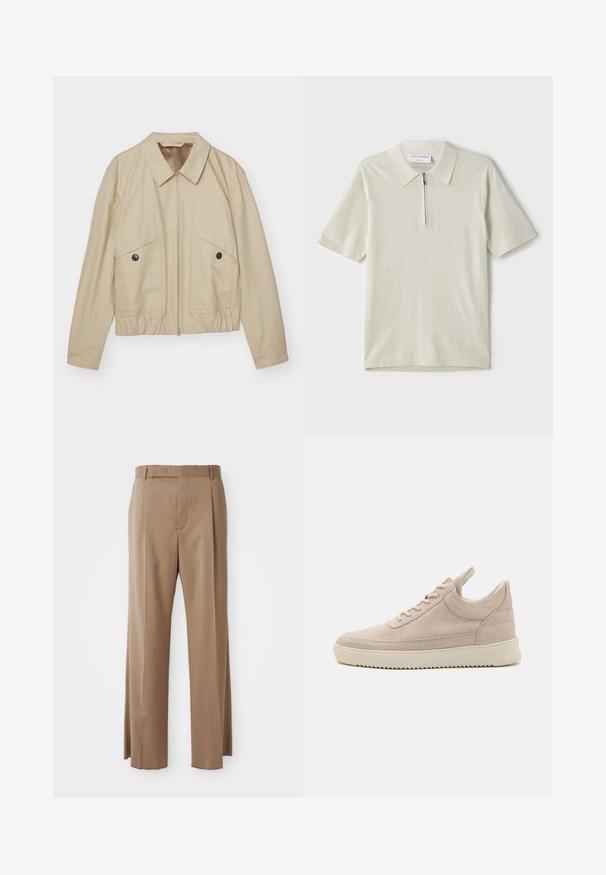Beige lättviktsjacka med spetsig krage, frontdragkedja, två stora fickor och elastisk midja. Slät textur med minimalistisk design.; Kortärmad polo i ljusbeige med dragkedja i kragen. Tillverkad av slätt tyg, har en enkel och modern design utan mönster.; Ljust bruna skräddarsydda byxor med raka ben, bälteshällor, framfickor och dold stängning, upplagda plant mot vit bakgrund.; Beige mockaskor med rund tå, vit sula och platta snören. Har en dragflik vid hälen och texturerade sidopaneler.