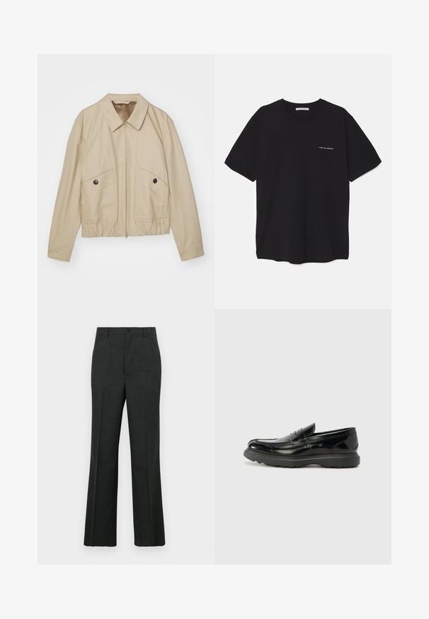 Beige leichte Jacke mit spitzem Kragen, Frontreißverschluss, zwei großen Taschen und elastischem Bund. Glatte Textur mit minimalistischem Design.; Schwarzes Baumwoll-T-Shirt mit Rundhalsausschnitt, kurzen Ärmeln und weißem Logodruck auf der linken Brust. Einfaches, einfarbiges Design.; Dunkelgraue, maßgeschneiderte Hose im geraden Schnitt mit Knopfverschluss, Fronttaschen und subtiler Textur.; Schwarze Lederloafer mit glanzendem Finish, abgerundetem Zehenbereich, subtilen Steppnähten und einer dicken Gummisohle für Langlebigkeit.