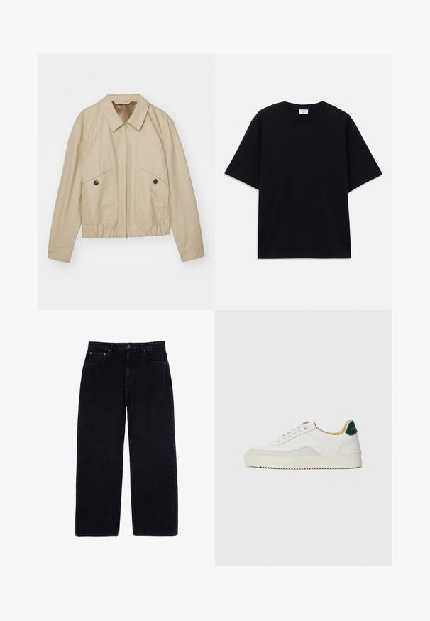 Beige leichte Jacke mit spitzem Kragen, Frontreißverschluss, zwei großen Taschen und elastischem Bund. Glatte Textur mit minimalistischem Design.; Schwarzes, oversized T-Shirt mit kurzen Ärmeln und rundem Ausschnitt, mit sichtbarem Filippa K Markenlabel im Kragen.; Weite Cordhosen in Dunkelblau, mit gerippter Textur, klassischem Fünf-Taschen-Design und metallischem Knopfverschluss am Bund.; Weiße Sneaker mit Wildlederelementen, runder Zehenpartie, flachen Schnürsenkeln und einer cremefarbenen Gummisohle. Mit grünen Markenlogo am Fersenbereich.