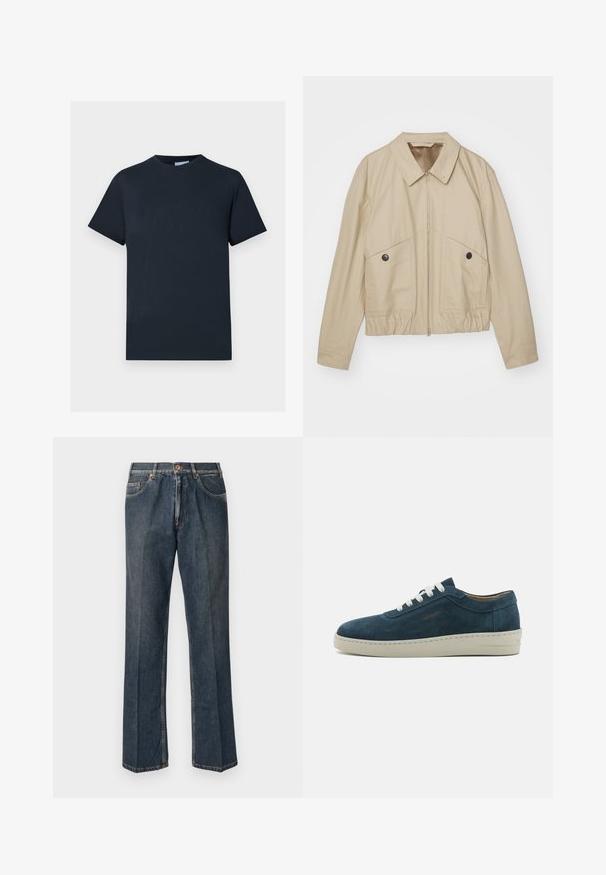 Beige lightweight jacket with a pointed collar, front zipper, two large pockets, and elastic waist. Smooth texture with a minimalist design.; Navy blue cotton T-shirt, short sleeves, crew neckline, features a textured logo design across the chest in a lighter shade.; Dark blue straight-leg denim jeans with front button, zip fly, double front pockets, and visible vertical creases down the legs.; Blue suede sneaker with a rounded toe, white laces, and a rubber sole. Features subtle stitching and a branded accent on the side.