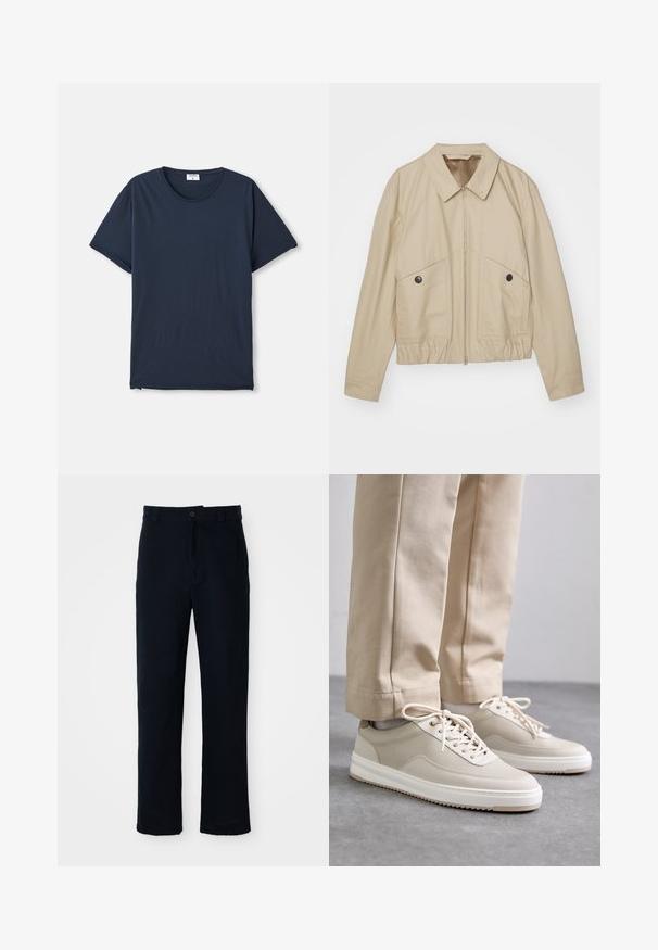 Šviesiai ruda lengva striukė su smailiu apykakle, priekyje užtrauktuku, dviem didelėm kišenėm ir elastinga juosmens dalimi. Lygus paviršius su minimalistišku dizainu.; Tamsiai mėlynas trumpo rankovės marškinėliai su apvaliu iškirpimu ir mažu baltu etiketu viduje apykaklės, esančio balto fono.; Tamsiai mėlynos medvilninės kelnės, turinčios tiesioginį kirpimą, priekyje užsegamos mygtuku ir klasikine juosta su dirželio kilpom.; Šviesiai rudos sportbačiai su tekstūruota viršutine dalimi, baltais padais ir siuvinėjimais, derinami su šviesiai rudomis kelnėmis, rodomi ant pilkos paviršiaus.