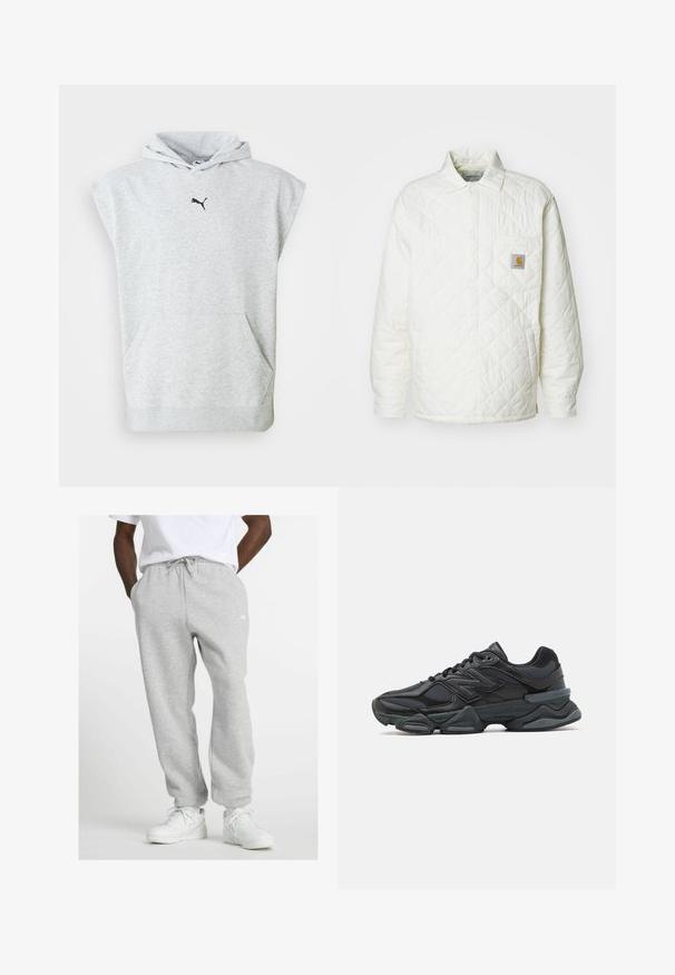 Chaqueta blanca acolchada con cuello, cierre de botones en la parte delantera y un bolsillo en el pecho que presenta un parche de logo en contraste. Textura suave y ajuste relajado.; Sudadera sin mangas de Puma en gris claro, con bolsillo tipo canguro y logotipo de Puma negro centrado debajo de la capucha.; Hombre vistiendo pantalones de chándal gris claro con cordón y zapatillas blancas, de pie con las manos en los bolsillos sobre un fondo blanco.; Zapatilla de running negra que presenta una combinación de malla y materiales sintéticos, suela gruesa, diseño curvado y una marca prominente en el costado.