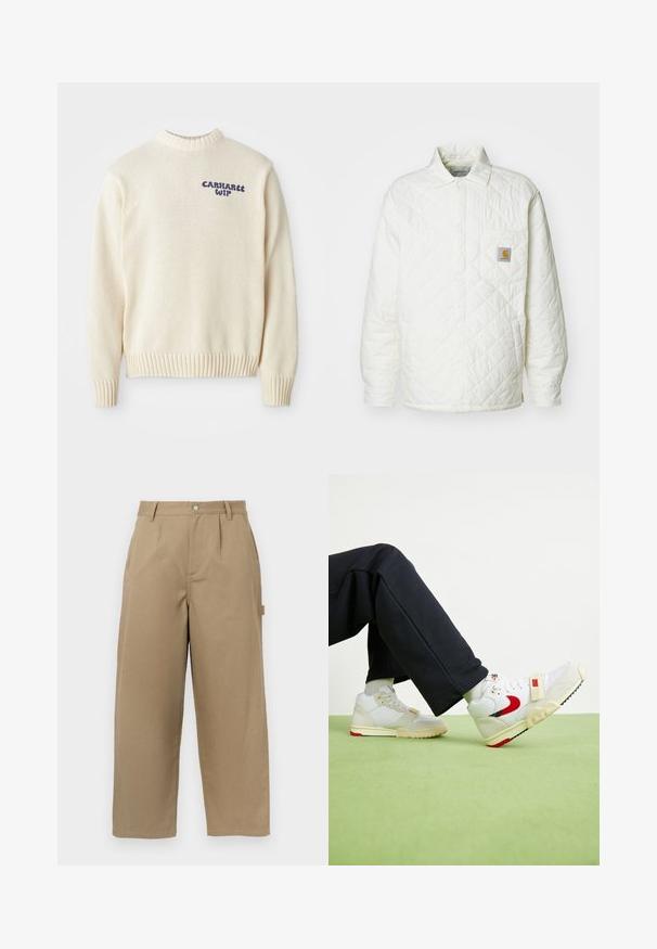 Valkoinen tikattu takki, jossa on kaulus, napitus edessä ja rintatasku, jossa on erottuva-logo. Sujuva pinta ja rento istuvuus.; Kerman neule, jossa on pyöreä kaula-aukko, ribattut hihansuut ja helma, etuosassa sininen "Carhartt WIP" -logo. Tekstuuripintainen kangas.; Beige leveletunhousut, jotka on valmistettu puuvillasekoitteesta, joissa on korkea vyötärö, etupleatit ja kaksi sivutaskua nappisulkimella.; Valkoiset ja kermaiset lenkkarit punaisella yksityiskohdalla, joissa on verkko- ja mokkamattoa, tekstuuripintaa sekä hihna edessä.