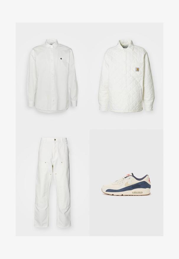 Töltött fehér dzseki gallérral, gombos elejével és egy mellzsebbel, amelyen kontrasztos logó felvarrás található. Simább textúrával és laza fazonnal rendelkezik.; Fehér, hosszú ujjú, gombos ing, amely pamutból készült, bal oldalon egy kis fekete logóval rendelkezik, és klasszikus gallérral, gombdíszítéssel.; Fehér pamut cargo nadrág, laza szabású. Jellemzői közé tartozik az elülső zsebek, az arany színű fémalkatrészek és a megerősített térd részek.; Tejszínbőr és tengerészkék velúr felsőrésszel rendelkező sporty cipők, látható légsóléval, bézs gumitalppal és piros részlettel a saroknál.