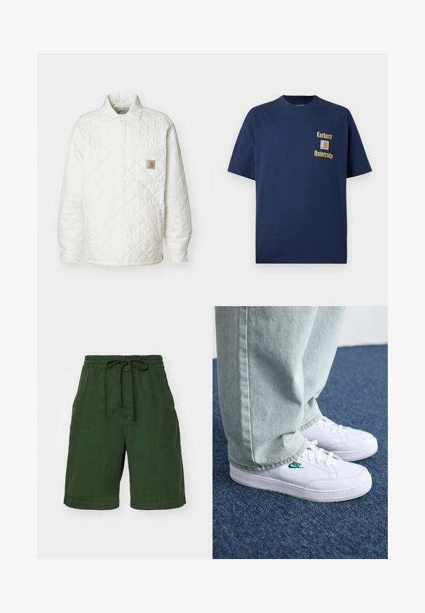Chaqueta blanca acolchada con cuello, cierre de botones en la parte delantera y un bolsillo en el pecho que presenta un parche de logo en contraste. Textura suave y ajuste relajado.; Camiseta de algodón azul marino de manga corta, con texto dorado "Carhartt University" y un parche de logo en el lado izquierdo del pecho.; Bermudas de algodón verde con cintura elástica y cordón ajustable. Presenta bolsillos laterales y un corte relajado. Textura suave.; Zapatillas de cuero blanco con logo de Nike verde, puntera redonda, suela plana, combinadas con pantalones de mezclilla azul claro, sobre una alfombra azul.