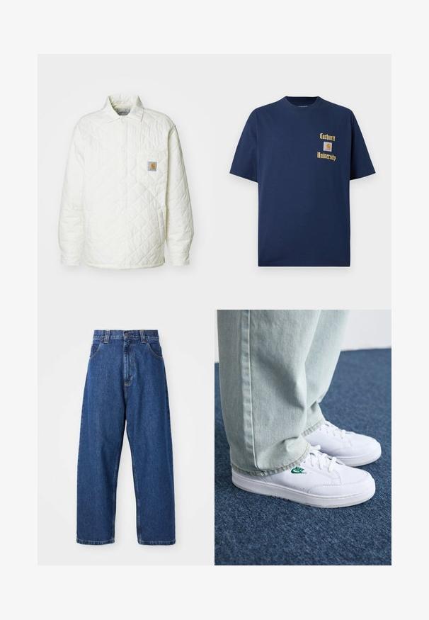 Chaqueta blanca acolchada con cuello, cierre de botones en la parte delantera y un bolsillo en el pecho que presenta un parche de logo en contraste. Textura suave y ajuste relajado.; Camiseta de algodón azul marino de manga corta, con texto dorado "Carhartt University" y un parche de logo en el lado izquierdo del pecho.; Jeans de pierna ancha de denim en azul oscuro. Presentan una cintura alta, trabillas para cinturón y un diseño clásico de cinco bolsillos. Bajo cosido con un acabado limpio.; Zapatillas de cuero blanco con logo de Nike verde, puntera redonda, suela plana, combinadas con pantalones de mezclilla azul claro, sobre una alfombra azul.
