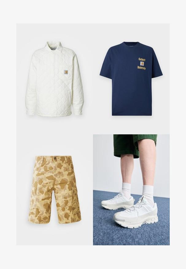 Quiltet hvid jakke med krave, knaplukning fortil og en brystlomme med et kontrastfyldt logo-patch. Glat tekstur og afslappet pasform.; Marineblå bomulds T-shirt med korte ærmer, der har guld tekst "Carhartt University" og et logo patch på venstre bryst.; Beige cargo shorts med et camouflage mønster i nuancer af brunt, med sidelommer, en knappet talje og lodrette ribbet tekstur.; Hvide atletiske sko med teksturerede overlays, en chunky sål og grå accenter. Båret med hvide ankelstrømper og grønne shorts på en blå overflade.