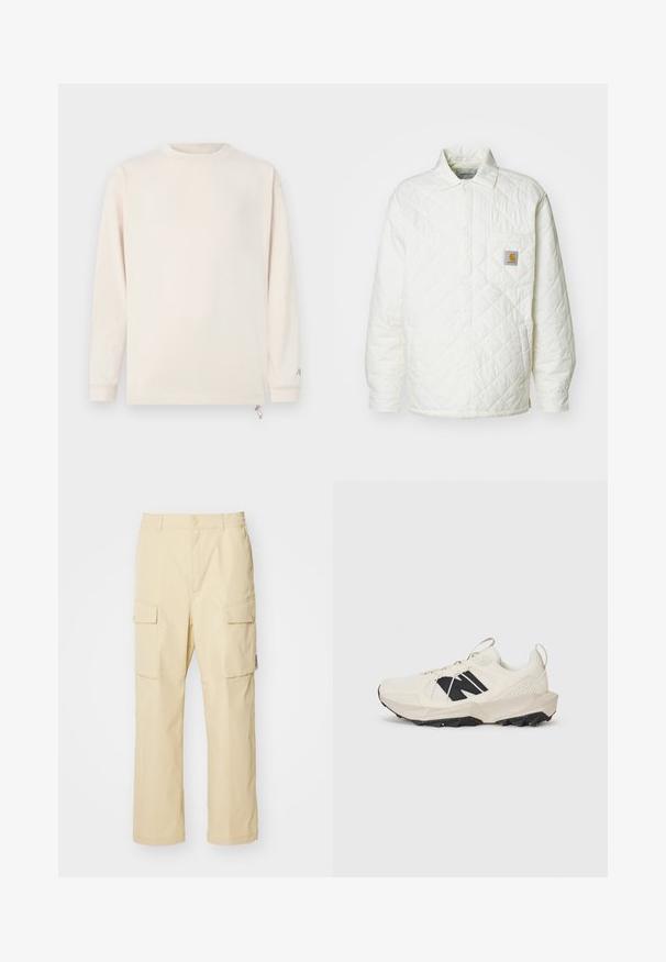 Quilted white jacket with a collar, button front, and a chest pocket featuring a contrasting logo patch. Smooth texture and relaxed fit.; Long-sleeve shirt in off-white cotton, featuring a high neckline, relaxed fit, and small accent detail on the sleeve. Smooth texture.; Beige cargo pants made of fabric with an elastic waistband and button closure. Features two side pockets and a straightforward design.; Light beige sneaker featuring a mesh upper, black logo, and textured sole. Accented with a geometric pattern on the midsole.
