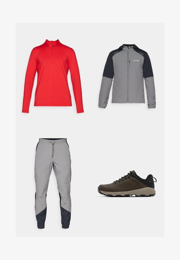 Veste grise avec des manches noires, fermeture éclair à l'avant, capuche et logo Columbia. Comprend des accents réfléchissants et un tissu léger ettexturé.; Haut de sport rouge à manches longues avec fermeture éclair quart, fabriqué en matériau léger, avec un col haut et des coutures plates pour plus de confort.; Pantalons de sport légers, gris, avec des accents noirs. Ceinture élastique, fermeture à cordon, design à jambes fuselées et poches latérales.; Baskets imperméables marron avec une tige texturée, des accents perforés, un support de talon noir et une semelle en caoutchouc grise. Les lacets sont ornés d'embouts métalliques.