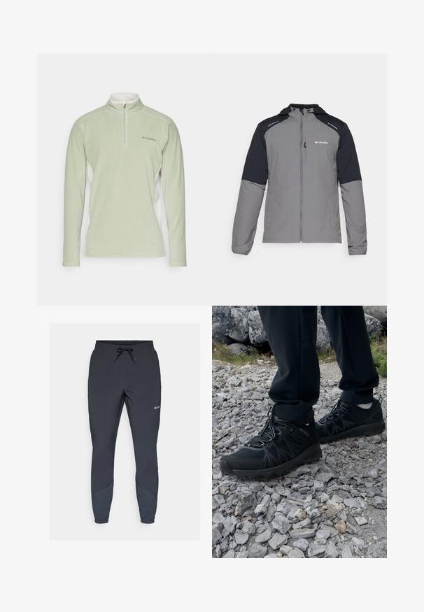 Gray jacket with black sleeves, zip front, hood, and Columbia logo. Features reflective accents and a lightweight, textured fabric.; Light green fleece pullover with a high collar and half zip. Features white side panels and a small logo on the chest. Soft texture.; Navy blue cotton t-shirt featuring a large, colorful "Sportswear" graphic with geometric patterns and the letter "C" on the front.; Black lightweight jogger pants with an elastic waistband and adjustable drawstring. Features tapered legs and side panels in a darker shade.; Black outdoor shoes with mesh and synthetic material, featuring a textured upper, secured lacing system, and a rugged outsole, on rocky terrain.